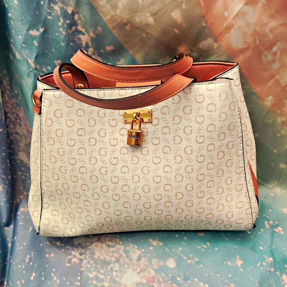 GUESS Logo Satchel Top Handle Bag White With Pink Trim Gold Padlock Medium